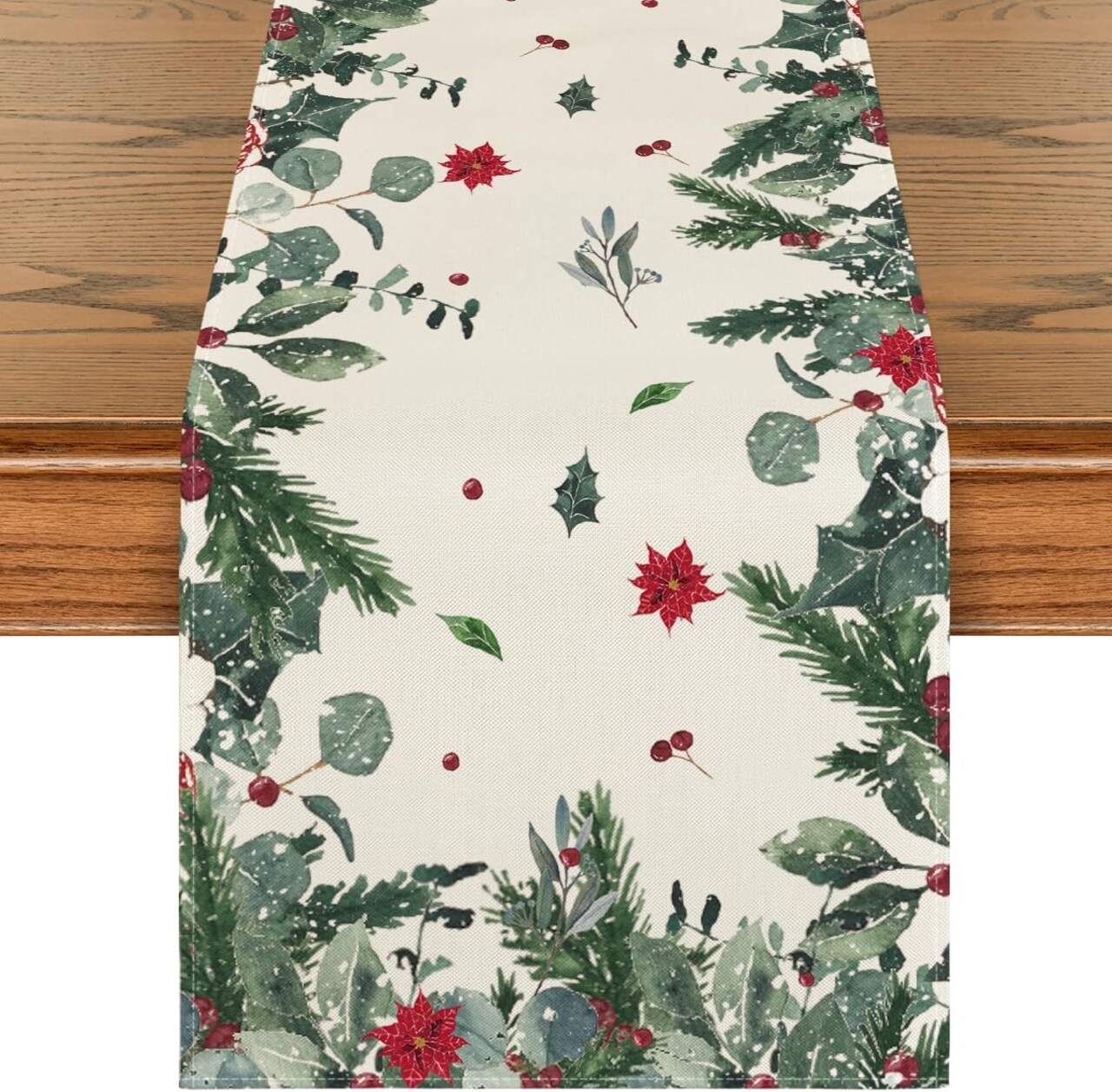 Green Leaves Poinsettia Holly Christmas Table Runner, Seasonal Winter Kitchen Dining Table Decor